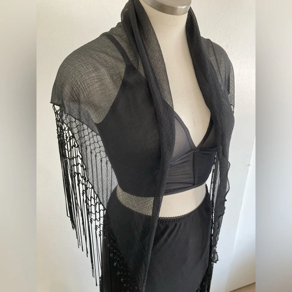Black Fringe Sheer Shawl Scarf - Picture 2 of 4